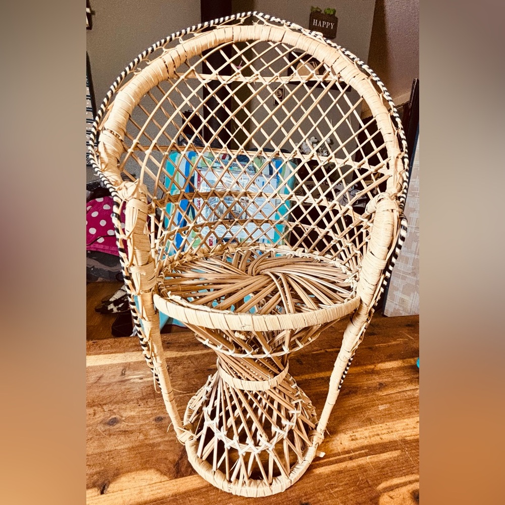 Vintage Rattan Wicker Peacock Doll Chair Plant Stand